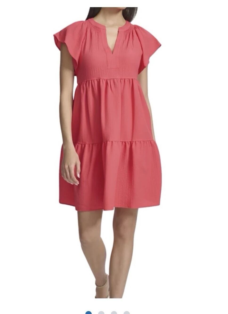 Calvin Klein Gauze Dress Coral Pink Flutter Sleeve V Neck Women's Size 10